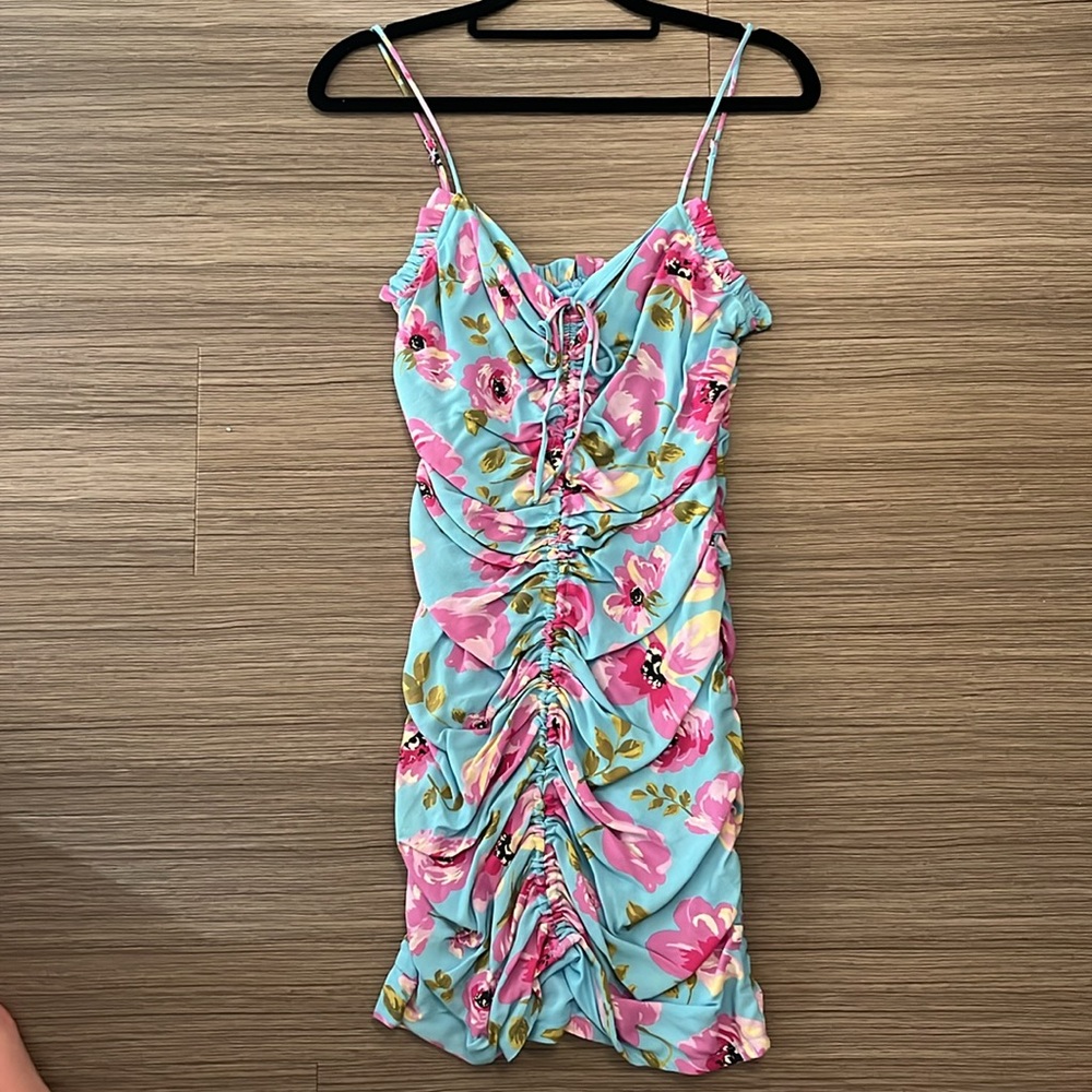 Zara Floral Ruched Mini Dress - Blue and Pink